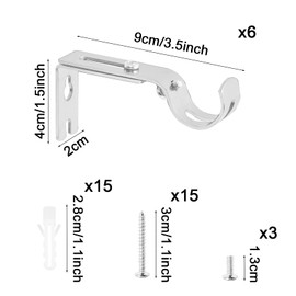 GAOHAN 6Pcs Curtain Pole Brackets with Adjustable Length of 9 - 12cm with Screws,Metal Curtain Rod Brackets Set for Poles, Wall Rod-Heavy Duty & Rust Resistant (Silver)