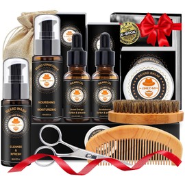 Actualizado barba Grooming Kit w / acondicionador de barba, aceite de barba, bálsamo de barba, cepillo de barba, barba de lavado / champú, peine de barba, tijeras de barba, bolsa de almacenamiento, barba E-Libro, Cuidado de la Barba Regalos para Hombres Él