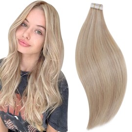 RUNATURE Tape in Hair Extensions Real Human Hair Golden Blonde Highlight Blonde Tape Hair Extensions Remy Invisible Tape Human Hair 18 Inch 50gram #16/24