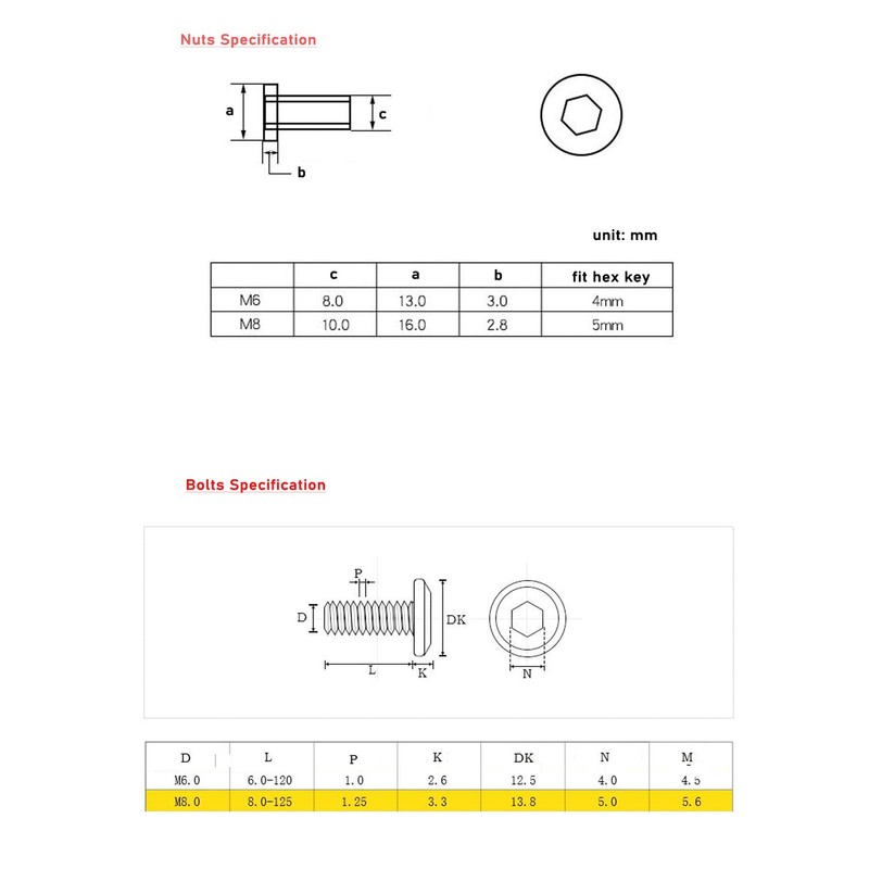 binifiMux 10-Pack M6x70mm Rivet Countersunk Hex Socket Cap Bolts and