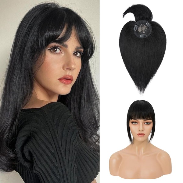 Hairro Clip in Hair Toppers with Bangs Human Hair (10 inch #01 Jet Black) 100% Real Remy Human Hair Topper for Women Top Crown Mono Base Hairpiece Wig for Thinning Hair Loss Cover Grey White Hair 150% Density
