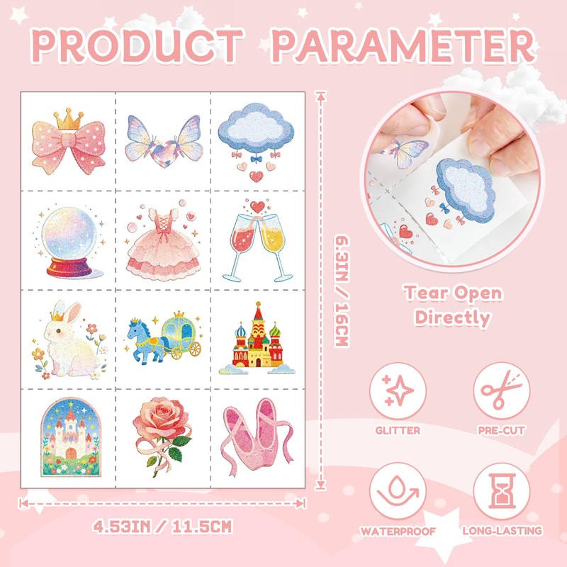 CHARLENT Pack of 108 Glitter Princess Temporary Tattoos for Girls