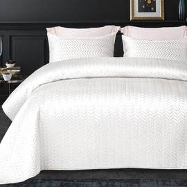 Whale Flotilla Silky Soft Satin Quilt King Size, Luxury Reversible Lightweight Bedspreads Covelets for All Seasons, Leaf Stitched Pattern Bedding Set with Satin Pillowcases, White