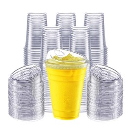 Gailware 100 Pack 16 oz Clear Plastic Cups with Strawless Sip-Lids, Disposable Cold Drinking Cups with Lids, To Go Plastic Container for Iced Cold Coffee, and Soda for Events and Everyday Use.