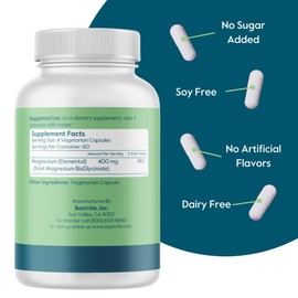 BESTVITE BESTVITE Magnesium Glycinate - 400mg of Magnesium per Serving (240 Vegetarian Capsules) - No Stearates - No Silicon Dioxide - Vegan - Non GMO - Gluten Free