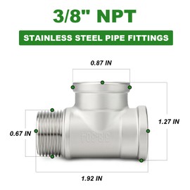 TAISHER 5PCS 304 Stainless Steel Tee Pipe Fittings, 3/8" NPT Female x 3/8" NPT Female x 3/8" NPT Male Pipe Fittings, Male Run Tee