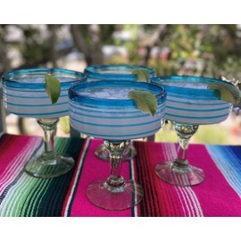 Dos Sueños Mexican Hand Blown Glass – Set of 4 Hand Blown Margarita Glasses (16 oz) with Aqua Spiral Design
