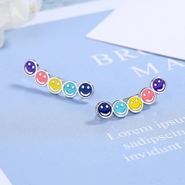 QIAMNI Rainbow Smiley Hoop Earrings Colorful Happy Smile Ear Cuff Stud Earring Enamel Jewelry for Women Girls
