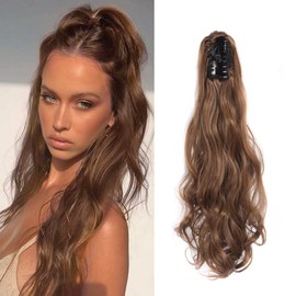 TTPSRY Pferdeschwanz Extensions Clip 50 cm Geflochtenes langes Haarteil Clip Gewelltes Pferdeschwanzhaar für Frauen(Helles Kastanienbraun)