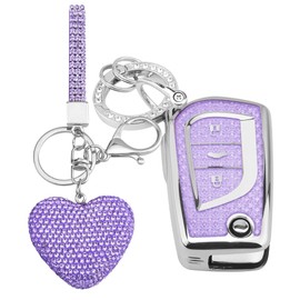 Vicoca for Toyota 3 Buttons key fob cover with Diamond Heart Keychain, Car Accessories TPU for Fortuner Tundra Camry RAV4 Highlander Corolla Smart Key, Silver Purple