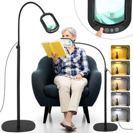 10X Magnifying Glass with Light and Stand, Rectangular Real Glass Lens, 5 Color Modes, Stepless Dimmable, 24" Flexible Gooseneck 3-in-1 Floor Lamp, Lighted Magnifier Hands Free for Craft Hobby Reading