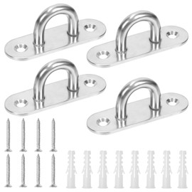 Swpeet 4Pcs M8 304 Stainless Steel Silver Oval Pad Eye Plate Hook with Screws and Plastic Anchors Assortment Kit, Marine Hardware Hooks Ceiling U Hook Staple Ring Hooks for Securing Hanging