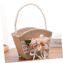 COLLBATH Pearl Handle Linen Wedding Flower Basket for Flower Rustic Boho Wedding Supplies Container for Holding Petals and Floral Decor Charming Ceremony Accessory