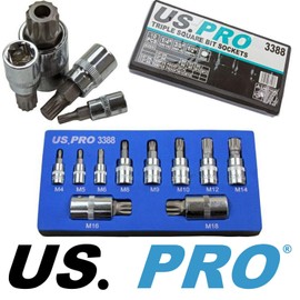 US PRO 10pc 1/4" 3/8" 1/2" Drive Triple Square Spline Bit Sockets M4 - M18 3388