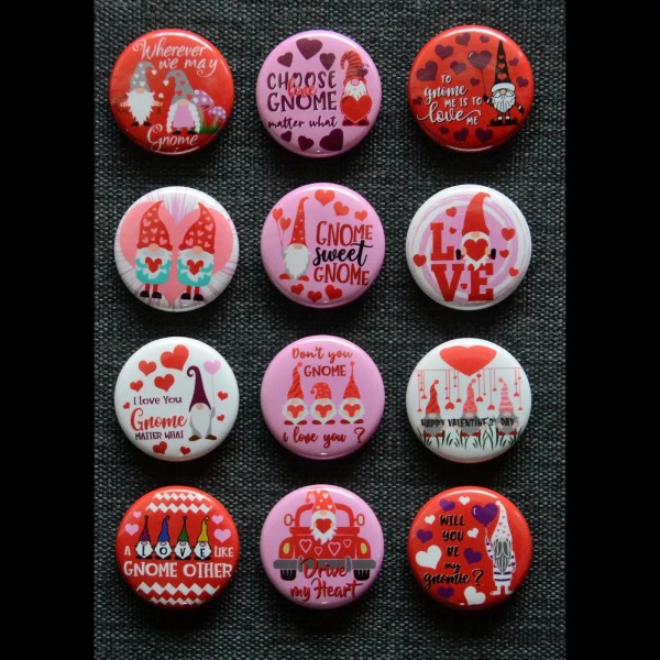 Valentines Gnomes - Pinback Buttons - 1 1/2 Inch