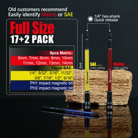 Facoow Magnetic Nut Driver Set for Impact Drill, 19 Pcs with Metric & SAE Including PH1 & PH2, 6 Inch Extra Long Nut Driver Set with Storage Case, Durable for Professional and Diy Projects