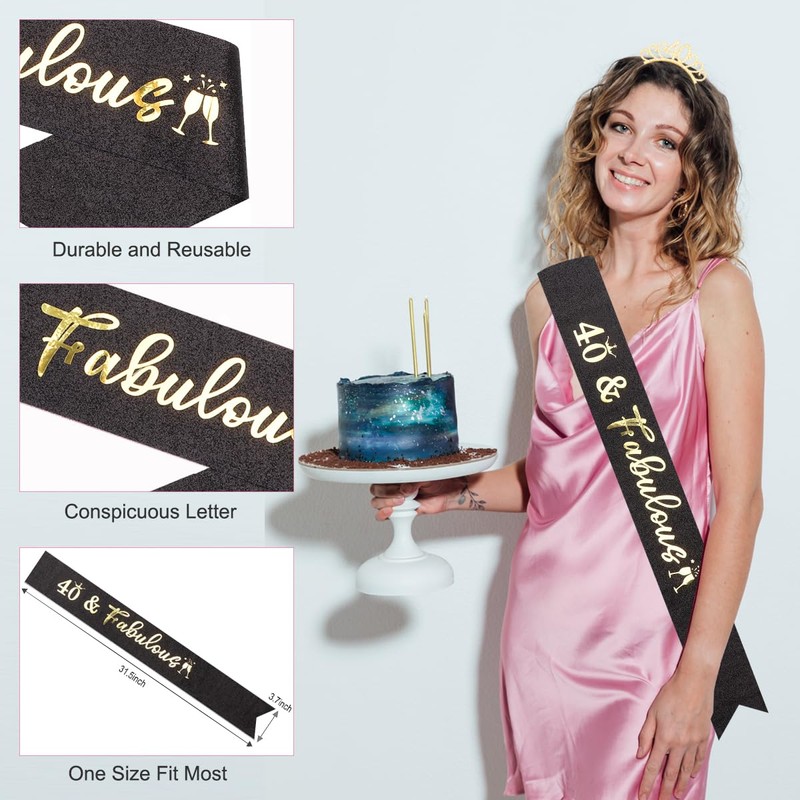 Dimetey 40th Birthday Sash and Tiara Set, Black and Gold,