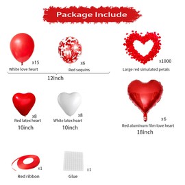 Romantic 1000 Pieces Rose Petals Decoration Set with Red Heart Balloons, White Heart Balloons Red Balloons for Wedding, Mother's Day, Engagement, Birthday, Anniversary, Bridal Shower Party