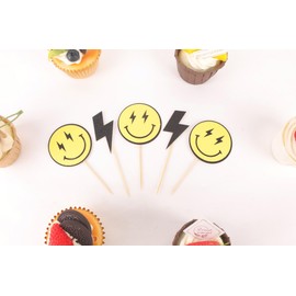 One Happy Dude Cupcake Topper - 24Pack Yellow Smiling Face and Black Lightning Cupcake Picks, 1st Birthday Party Cupcake Decor