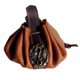 Leather Bag Ducat Bag Money Cat Round Leather Colour Brown / Black Decorative Rivets Dragon Amulet Leather Bag Diameter 28 cm, brown-black, Contemporary