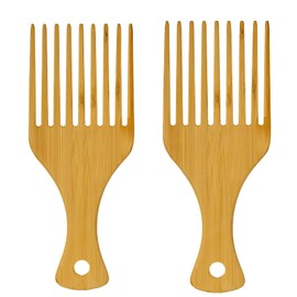 2 Pack Bamboo Afro Hair Pick Comb Set, Natural Anti-Static Wide Tooth Detangling Combs for Curly, Thick Long Hairs 9 Teeth Wooden Hair Picks for Women Men Hairs Styling Tool