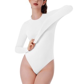 REORIA Women's Long Sleeve Bodysuits Crew Neck Slim Double Lined Basic Layering Body Suits Fall Going Out Tops Winter Outfits 2024(White Medium)