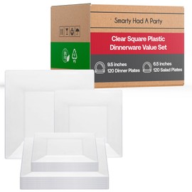 Smarty Had A Party Elegant Disposable Plastic Dinnerware Set, Heavy Duty Plastic Plates (Clear, Combo Plate Set (120 Guests))