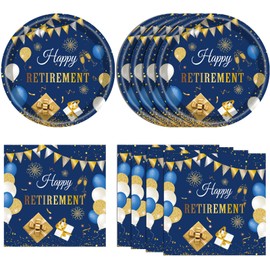 KHAIVI Retirement Party Supplies Retirement Tableware Party Decorations Blue Gold Disposable Retirement Plates and Napkins Sets Decorations Favors for Men Women, 6.68