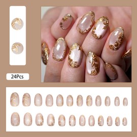 24 Pcs Glitter Almond Press on Nails Short Fake Nails Reusable False Nails Kit Handmade Acrylic Nails Press ons 3D Golden Flower Nail Art Design Oval Shape Nails Artificial Glue-Free Nails for Women