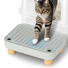 Aothey Litter Box Step, Litter Box Ramp/Catcher with Wooden Base, Anti-Tracking & Easy to Clean, Ideal for Small & Elderly Cats (Grey)