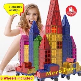 Magnetic Building Blocks Magnetic Tiles STEM Toys 6 Wheels,Luxury Gift Container,66 Pages Tutorial for Preschool Kids & Toddler 3-5,Manget Toy Set to Creat Cars, Animals, Circus, Castle,Carousel