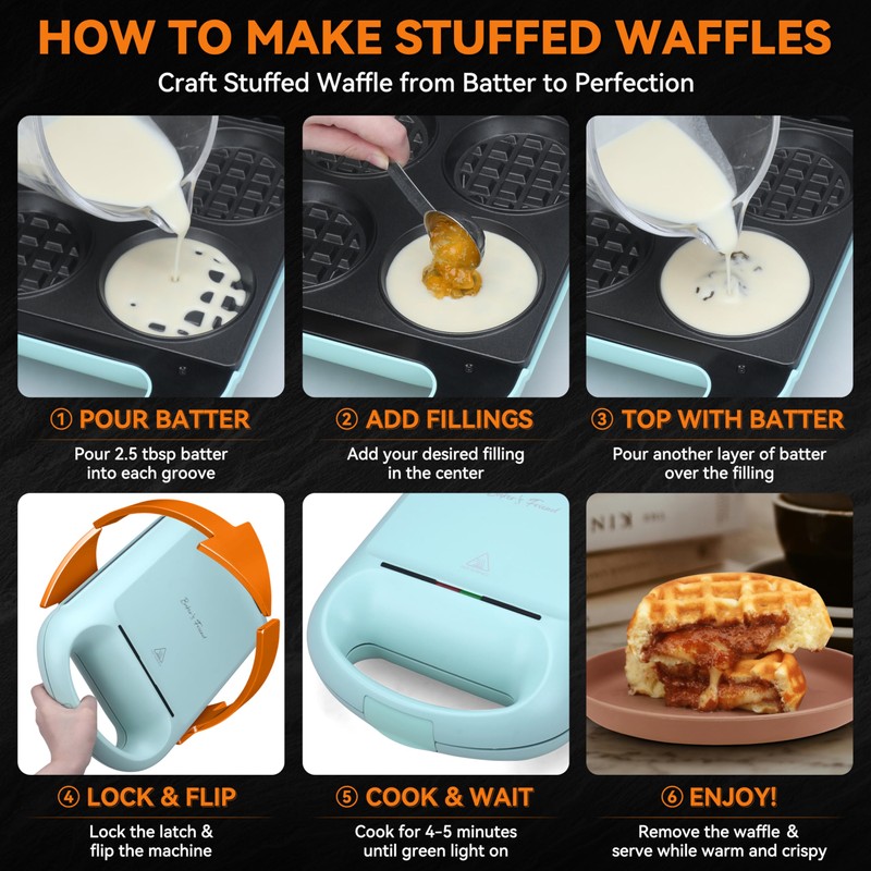 Baker's Friend Multi Stuffed Waffle Maker Thick, 4-Slice with 1.2''