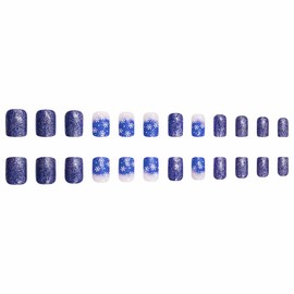 MERVF Short Press on Nails Square Christmas Fake Nails Ombre Blue French Tip Glue on Nails Snowflake Design Press ons Squoval Glitter Sparkle Acrylic Nails Glossy 24pcs