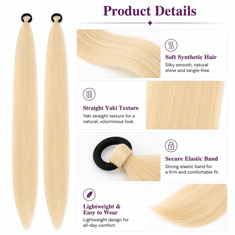 2 Pieces Blonde Ponytail Extension, 26 Inch Straight Braiding Hair,
