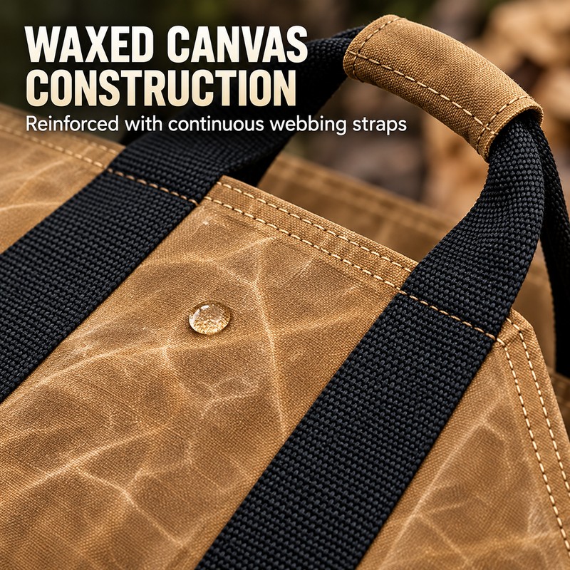 Waxed Canvas Firewood Carrier Bag with Reinforced Handles, Water-Resistant Log