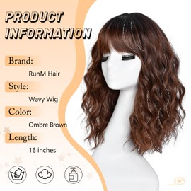 RUNM Short Bob Wavy Wigs for Women Brown Wig with Bangs for Black Women