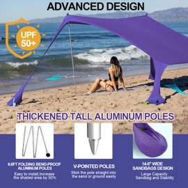 Buheco Beach Tent Pop Up Shade 10x10ft Beach Canopy Sun Shelter UPF50+ with 4 Foldable Poles-Portable Carrying Bag-Sand Shovel-Ground Pegs-Windproof Ropes for Outdoor Family Camping-Fishing-Picnic