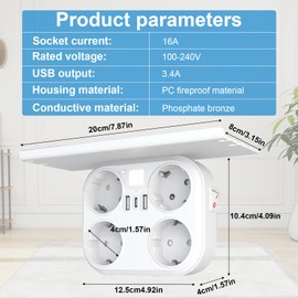 ELUBLU Multiple Socket, with Palette, Double Plug for Socket, Power Strip with Controllable Lighting, Double Plug for Socket, 3 USB Sockets, White