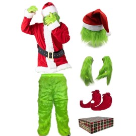 WPOZD Green Monster Christmas Santa Suit Deluxe Furry Adult Costume, 7 Pieces with Green Mask (S/M)