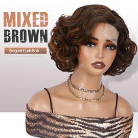 Fancy Hair Short Curly Bob Wig Lace Curled Bob Wigs for Black Women Big Curly Lady Side Part Wigs Synthetic Body Wave Wig for Women Daily Cosplay Use (Mixed Brown)