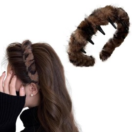 fdsmall Leopard Print Plush Headband for Women No Slip Headbands with Sharks Tooth for Thick Fine Hair Hair Accessories (Light Colour, One Size)