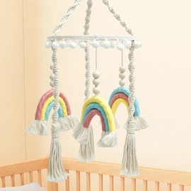 Crib Mobile for Boys Girls, Cute Boho Baby Crib Mobile, Gender Neutral Hand-Crocheted Nursery Mobiles with Wood Frame, Colorful Clouds Ceiling Mobile Hanging Decor for Playroom Bedroom Crib Bassinet