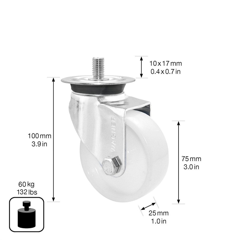 Wagner 03208101 Swivel Castor Diameter 75 mm, Height 100 mm,