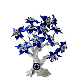 Turkish Evil Eye Tree Decorative Ornament, Silver and Blue Resin Flowers, Good Luck Home Decor (Blue Flower)