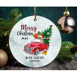 Christmas Red Metal Pickup Truck Xmas Tree Ornaments 2020 With Name City State Bay Shore New Jersey Xmas Ornament Holidays Party Decoration for Home Decor Funny Gift Family Friend