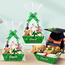12 Sets Graduation Gift Basket Decorations 2025, Congrats Grad Party Favor Gift Basket with Cellophane Bags, Cardboard Baskets Empty to Fill with Bows Ribbons for Graduation Party Supplies, Green