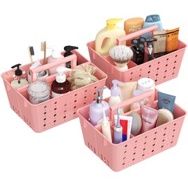 Lifewit Portable Shower Caddy with Handle, 3 Pcs Plastic Shower Caddy Dorm with Holes, Clean Organizer Basket for Bathroom, College, Dorm Room Essentials, Pink