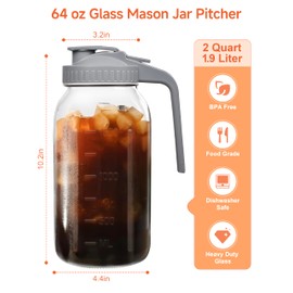 2 Quart Wide Mouth Glass Pitcher with Lid, 64oz Mason Jar Pitcher, Leak-proof Iced Tea Pitcher,Heavy Duty Container for Fridge Sweet Tea,Juice,Cold Brew Coffee,Breastmilk Storage Drinks-1PACK/Black