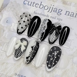 Mesh lace handmade nail tips - Square M / 망사 레이스 수제네일팁 - 스퀘어M