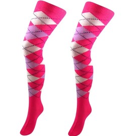 BB Accessories Pink Cream & Lilac Argyle Girl's Over The Knee Cotton Socks Golfer Checked Dress Up Size 4-5.5